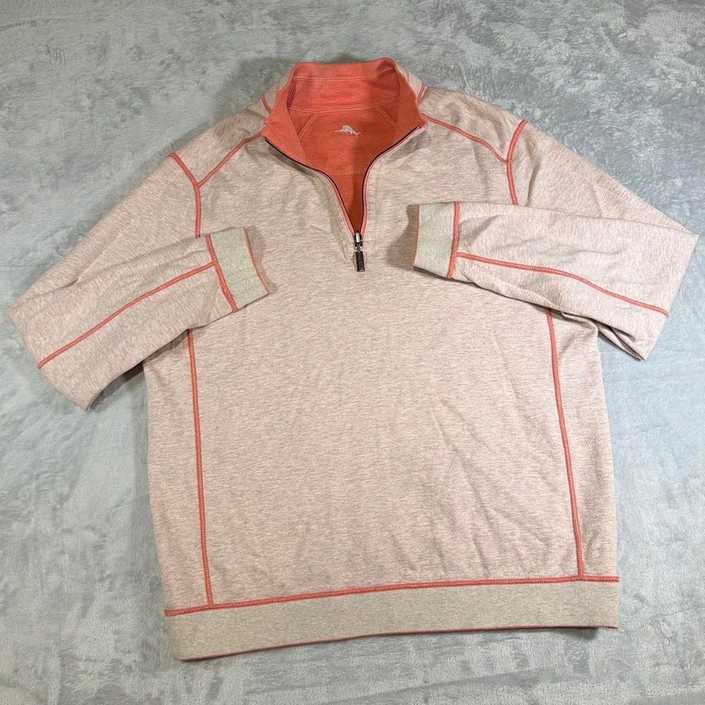 Y2K Vintage Tommy Bahama Reversible Quarter Zip Pullover | Coral / Oatmeal